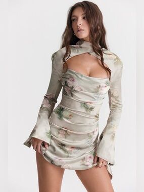 House of CB Toira Vintage Floral Draped Open-Back Satin Top - Blush Floral Large